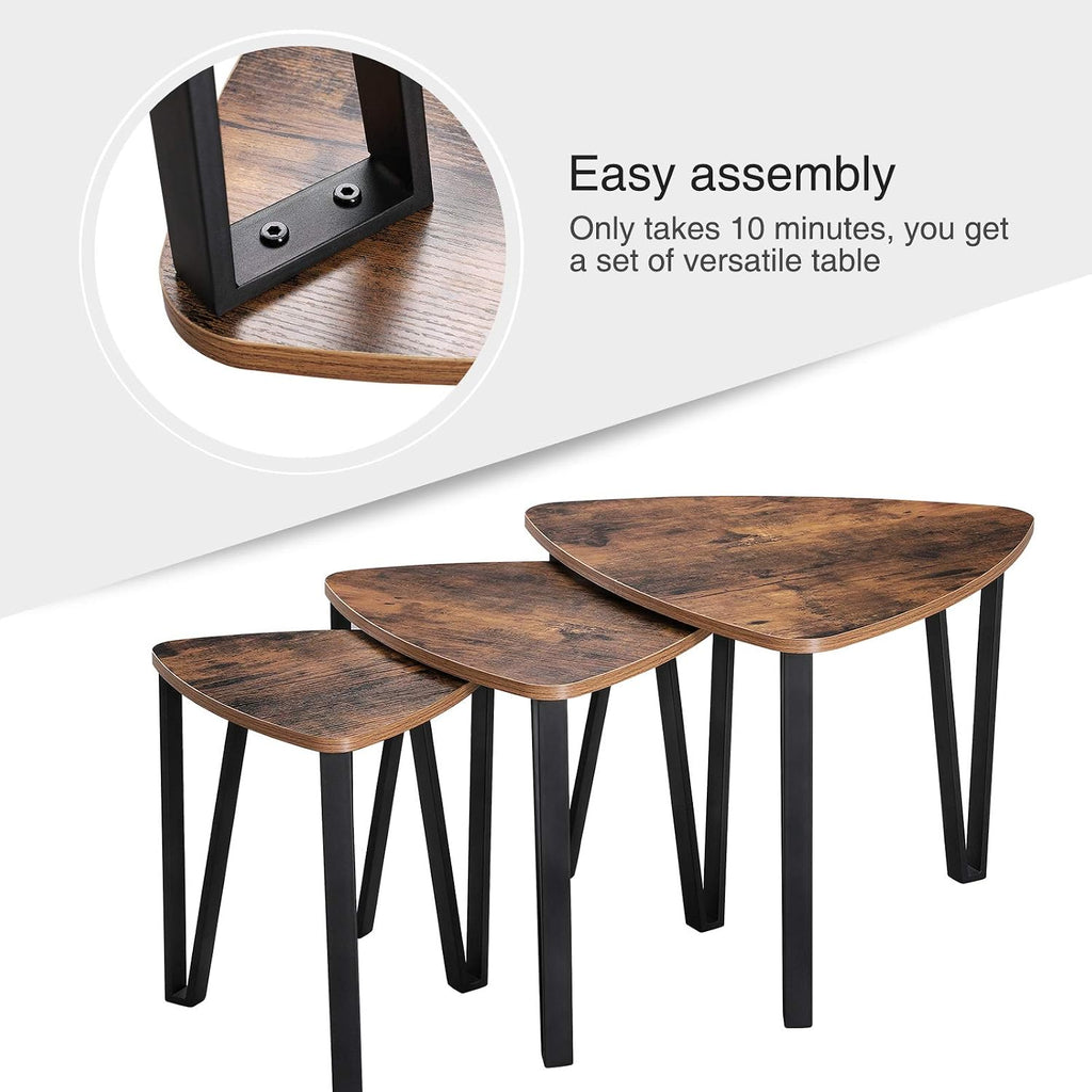 VASAGLE Nesting Coffee Tables, End Tables Set of 3 for Living Room Bedroom, Industrial Small Stacking Side Tables with Metal Frame for Couch, Rustic Brown and Black ULNT13X, 23.1 x 23.1 x 17.7 Inches