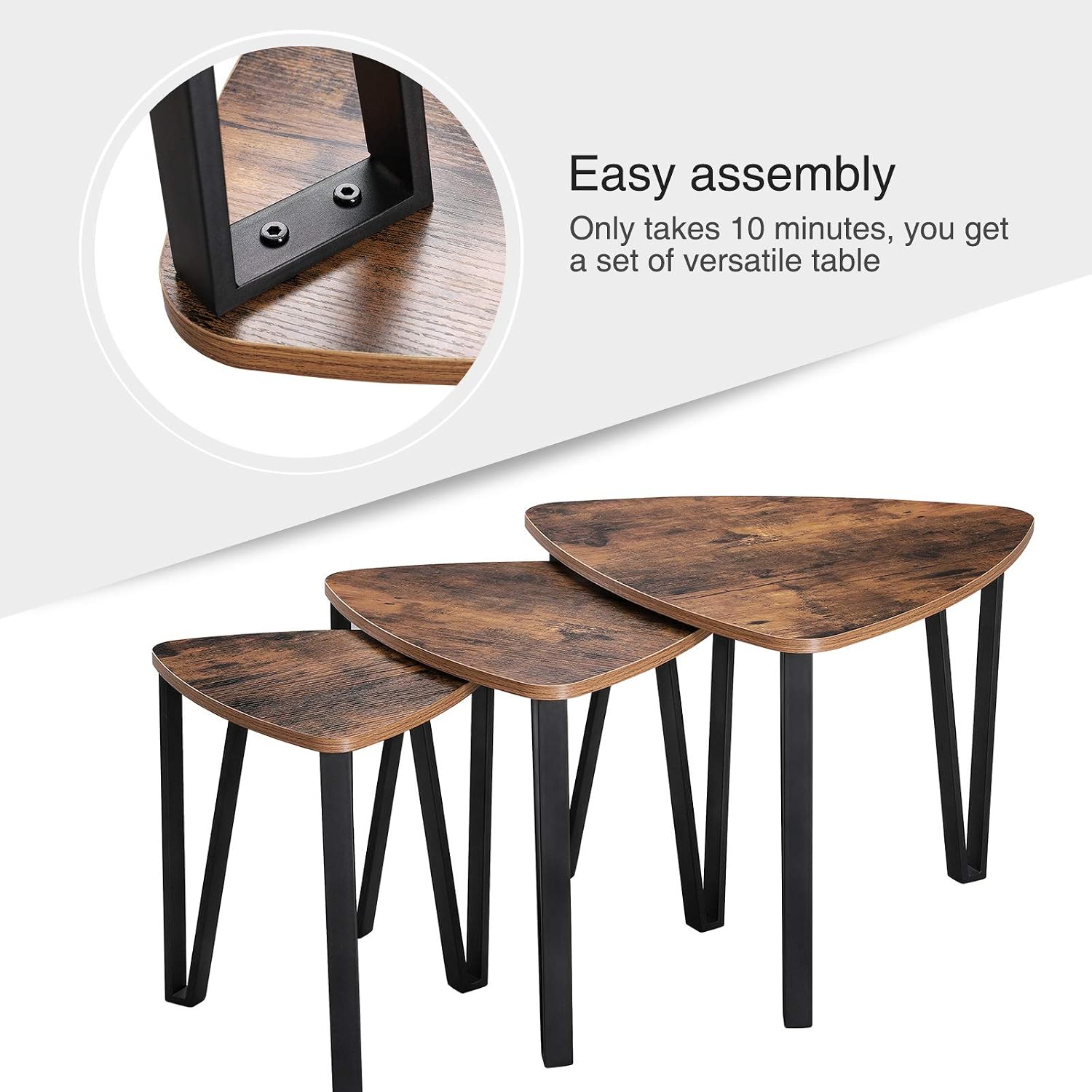 VASAGLE Nesting Coffee Tables, End Tables Set of 3 for Living Room Bedroom, Industrial Small Stacking Side Tables with Metal Frame for Couch, Rustic Brown and Black ULNT13X, 23.1 x 23.1 x 17.7 Inches
