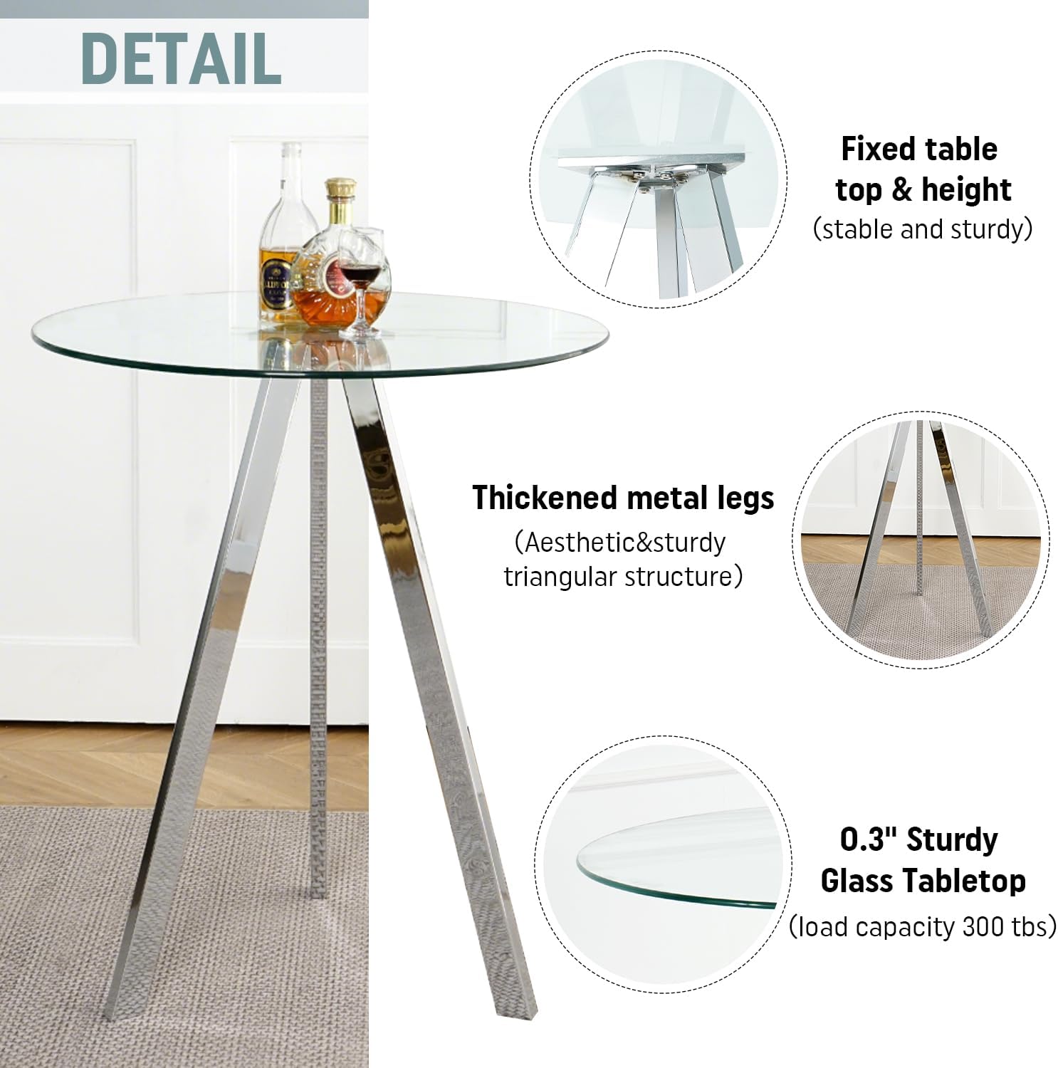 2 Pack Round Pub Table, 37.4" High Top Bar Table, 31.5" Small Cocktail Tables with Silver Metal Base & Glass Top, for Small Spaces, Bistro Pub, Cafe(Silver)