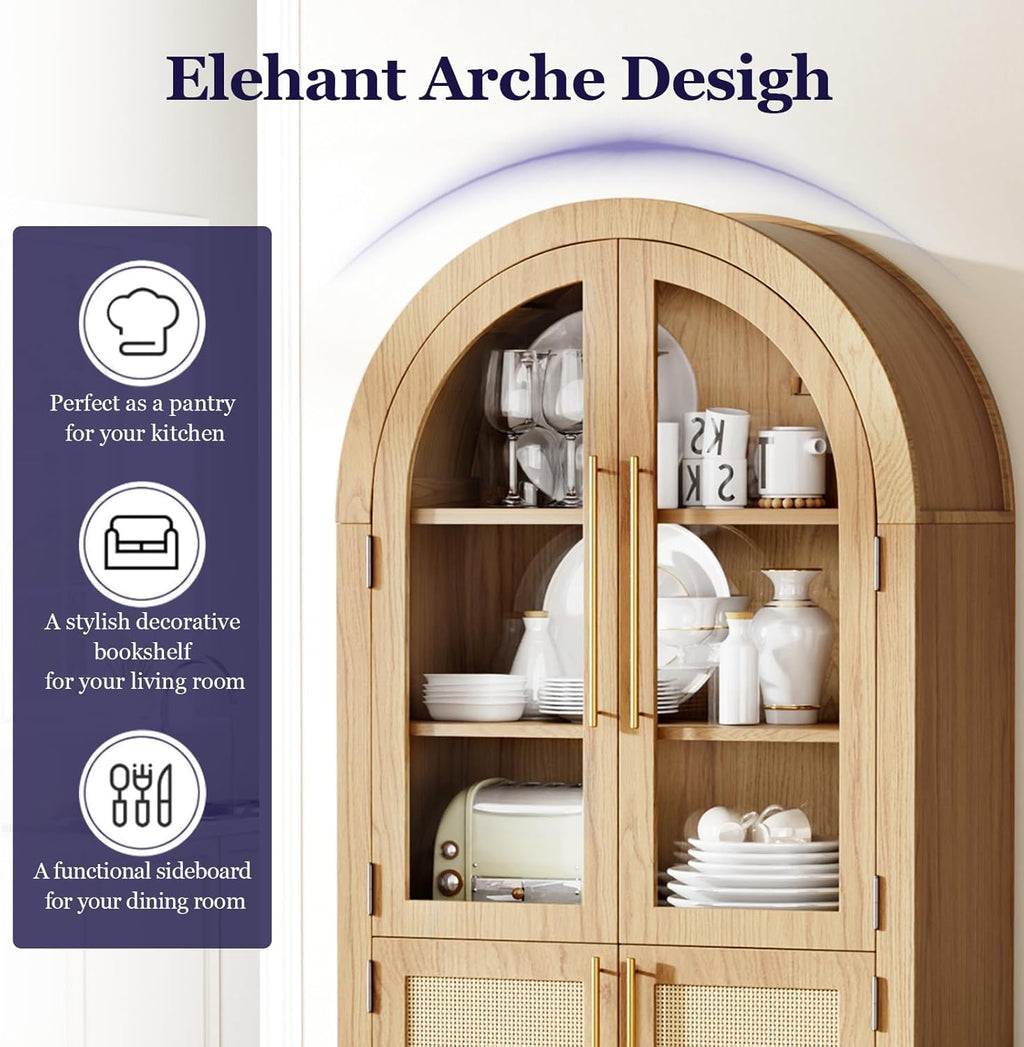 71" Tall Arched Cabinet with Glass Doors, Kitchen Pantry Storage Cabinet with Dust-Proof Rattan, 5-Tier Curio China Cabinet with Adjustable Shelves for Living Room Dining Room, Oak