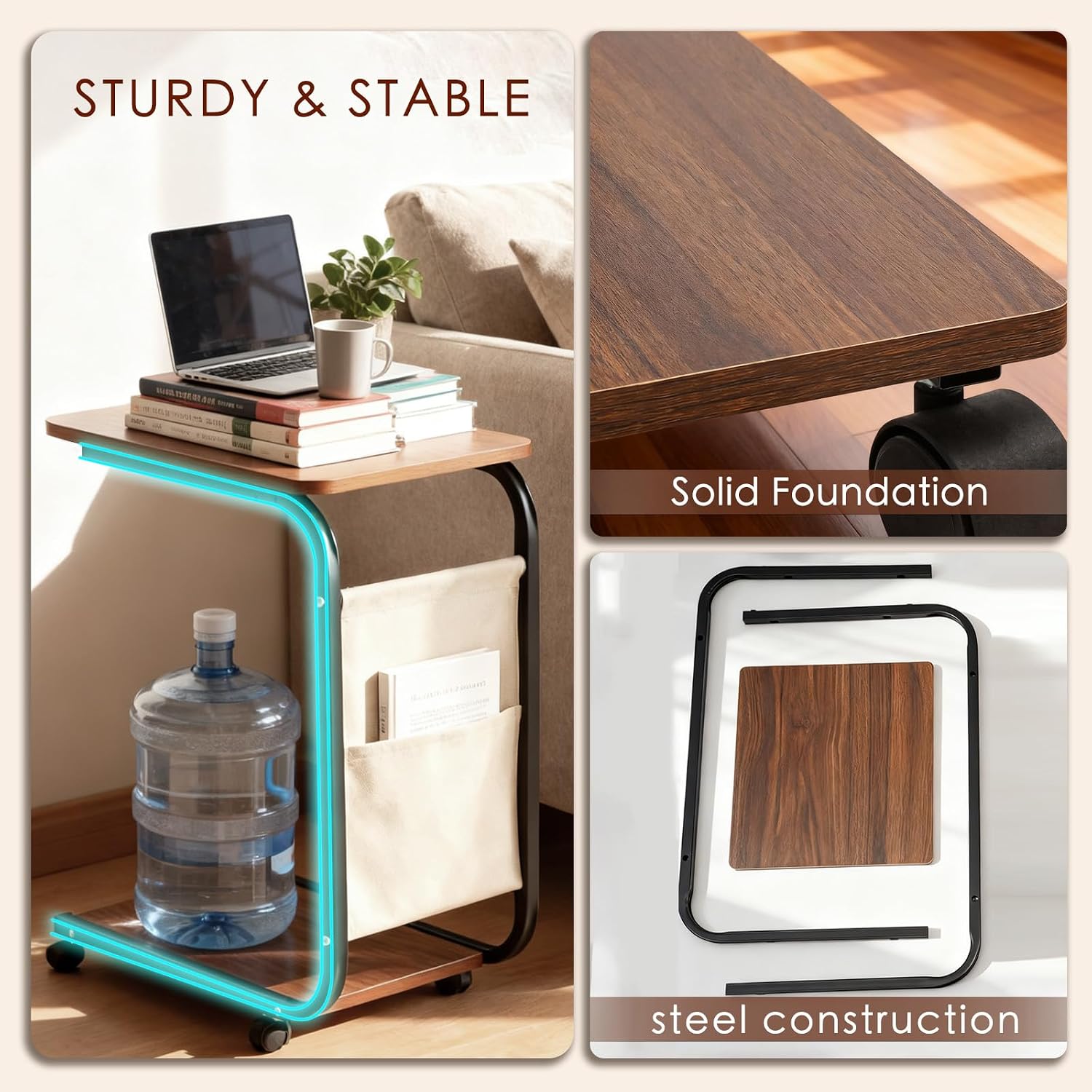 Dreamzie C Shaped End Table with Wheels, Small Side Table for Couch with Storage Bag, Couch Tables That Slide Under, TV Tray for Living Room, Bedroom, Home Office - Brown