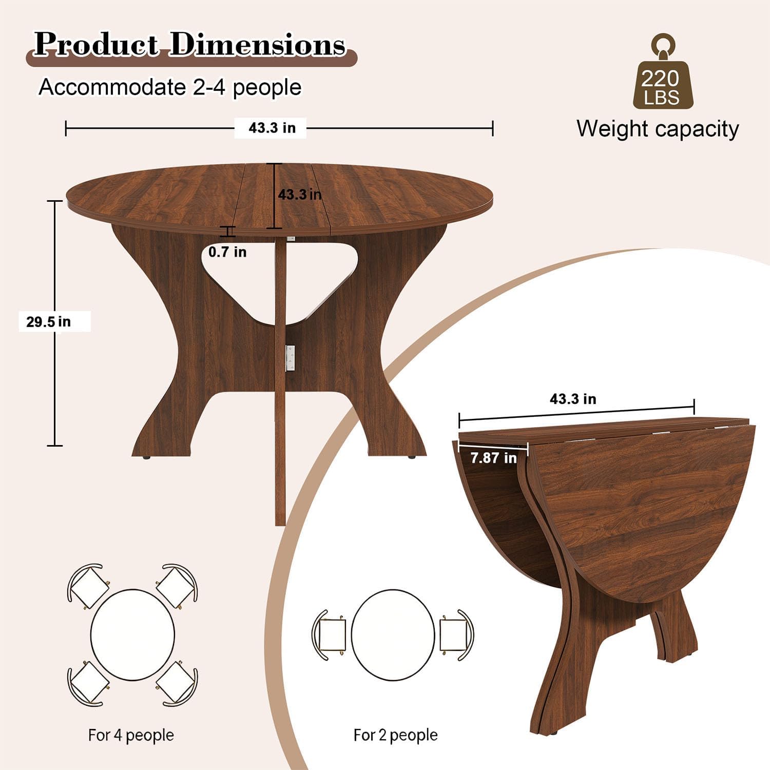 Round Dinning Table for 2-4, Foldable Kitchen Dining Room Table 43.3 Inches Circle Walnut Finish Dinner Tables for Kitchen, Dining Room, Living Room