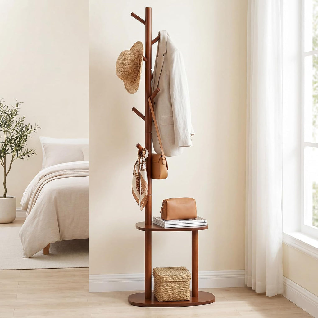 Giantex Coat Rack Freestanding, 70" Solid Wood Clothing Rack with 8 Hooks and 2 Storage Shelves, Wooden Hall Tree for Coats, Hats & Bags, Tall Coat Hanger Stand for Entryway, Living Room, Bedroom