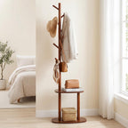 Giantex Coat Rack Freestanding, 70" Solid Wood Clothing Rack with 8 Hooks and 2 Storage Shelves, Wooden Hall Tree for Coats, Hats & Bags, Tall Coat Hanger Stand for Entryway, Living Room, Bedroom