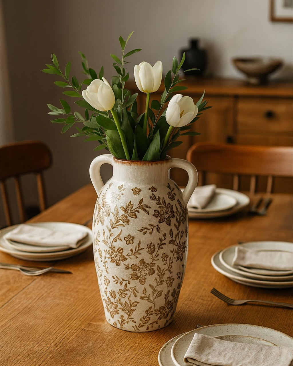 Vintage Ceramic Vase with Handles, 9.45 Inch Crackle Glaze Floral Pattern Vase, Rustic Farmhouse Decorative Flower Vase for Table Centerpieces, Boho & Chinoiserie Home Decor