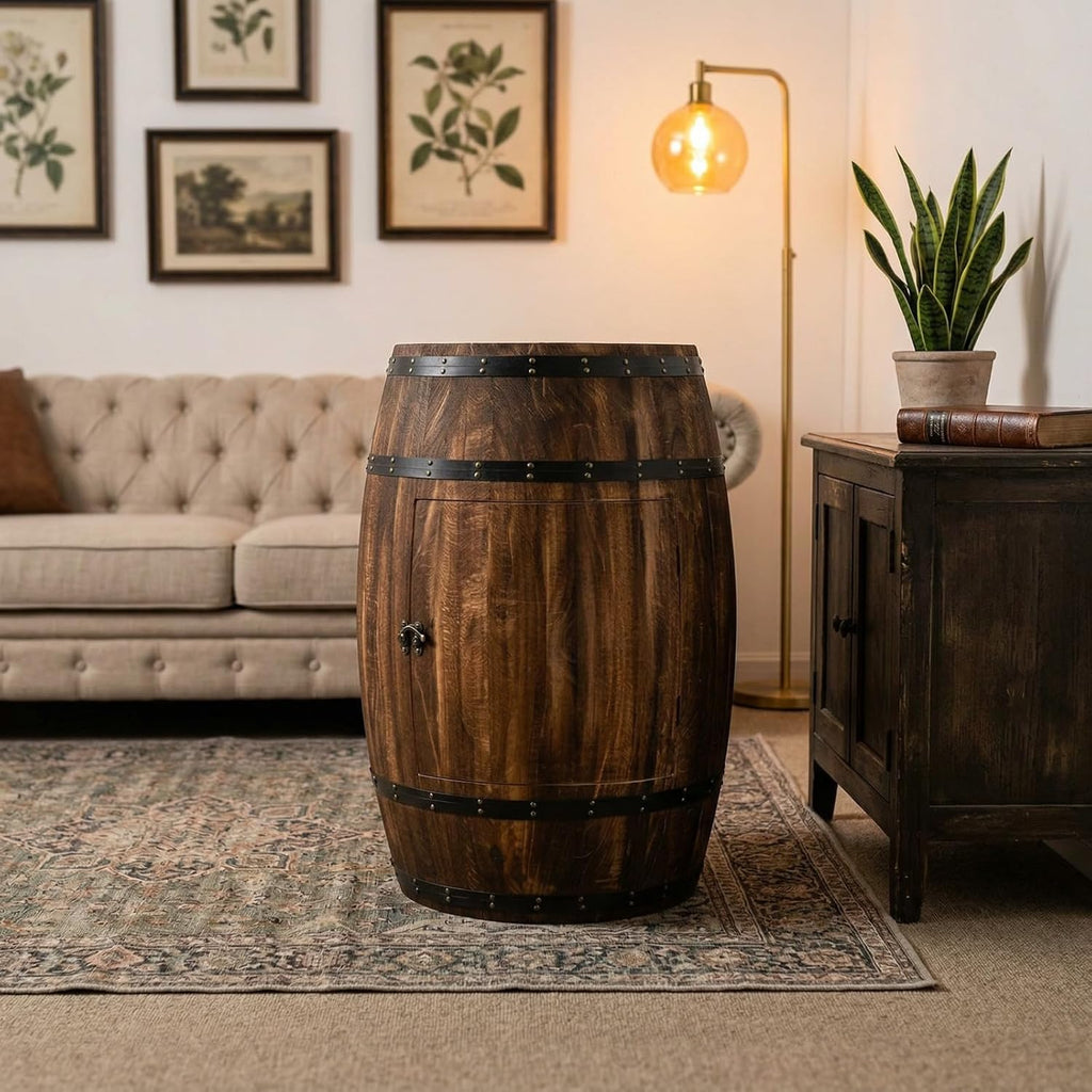 Wooden Whiskey Barrel Table Multi-Functional Wine Barrel Table For Living Room Bedroom Balcony Farmhouse Bar And Rustic Home Decoration With Solid Wood Structure (31.5×18.9×13.8in/80×48×35cm)