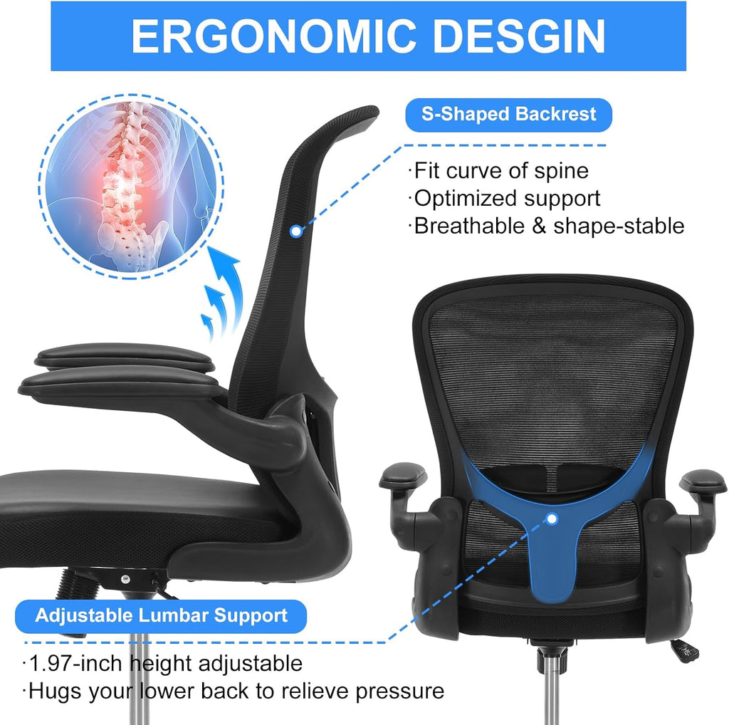 Ergonomic Drafting Chair, Standing Desk Chair with Lumbar Support Tall Office Chair with Flip-Up Arms Footrest Ring, Breathable Mesh High Desk Chair with PU Leather Seat Cushion, Black