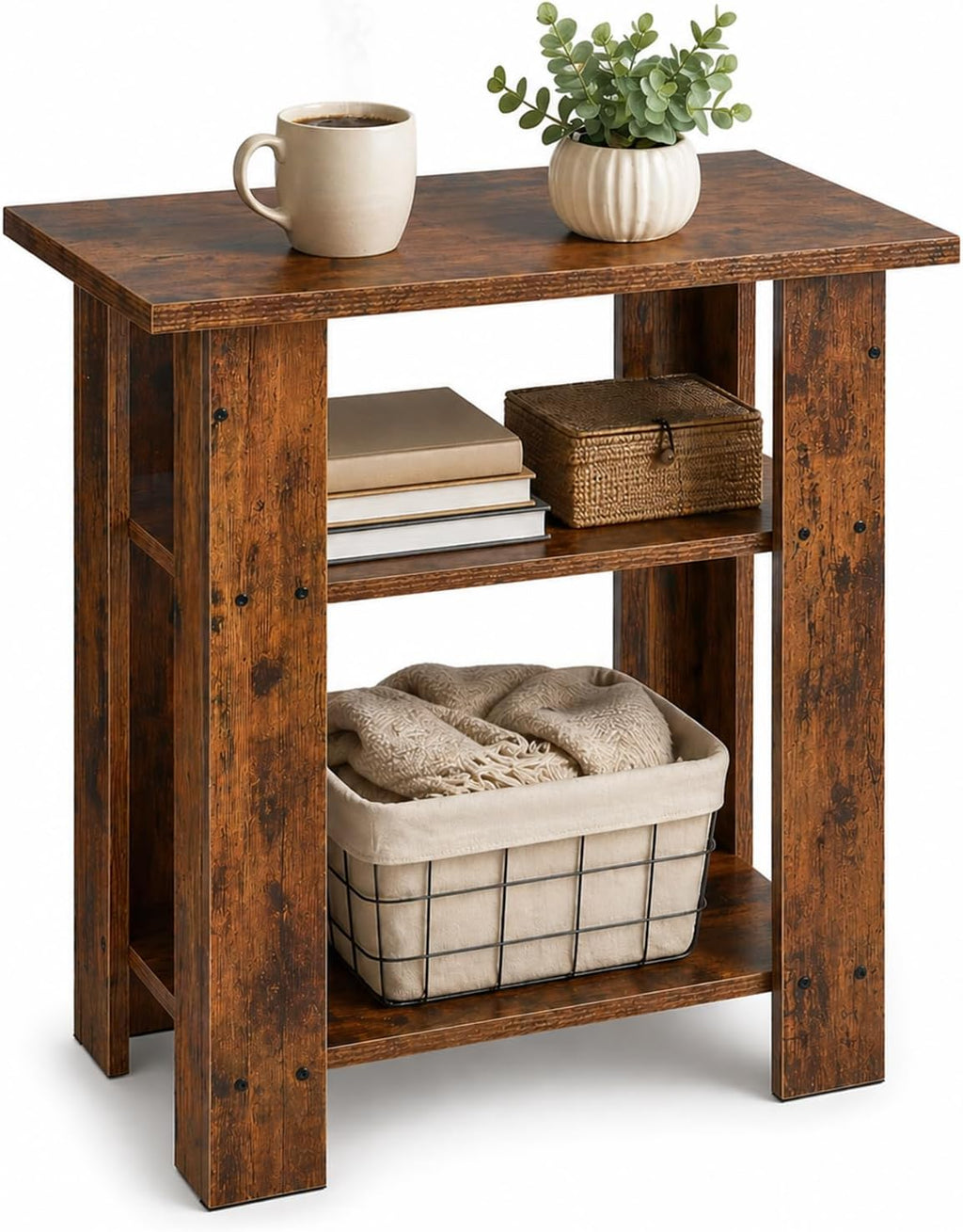 Narrow Side Table, 3 Tier Rustic End Table for Living Room, Small Wood Nightstand with Storage Shelves, Slim Bedside Table for Bedroom, Couch, Small Spaces, 22.8" High,Farmhouse Style