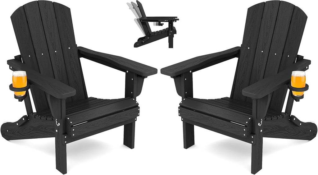 SERWALL Folding Adirondack Chair Set of 2, Adjustable Adirondack Chair with 3 Recline Positions, All Weather HDPE Outdoor Adirondack with Cup Holders, Black