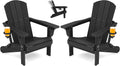 SERWALL Folding Adirondack Chair Set of 2, Adjustable Adirondack Chair with 3 Recline Positions, All Weather HDPE Outdoor Adirondack with Cup Holders, Black