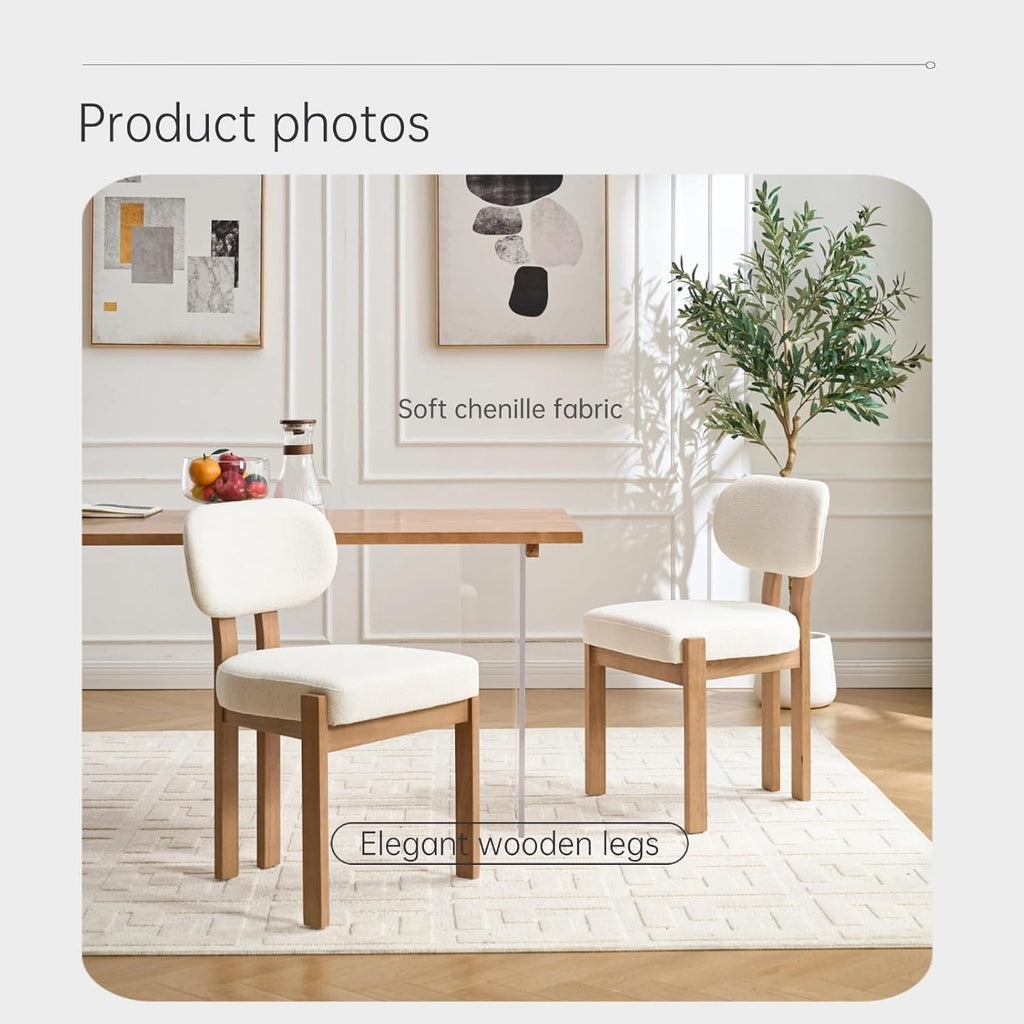 5-Piece Scandinavian Minimalist Round Dining Table Set, 47" Solid Wood Table with Sculpted Open Base + Beige Chenille Chairs for Kitchens & Dining Areas