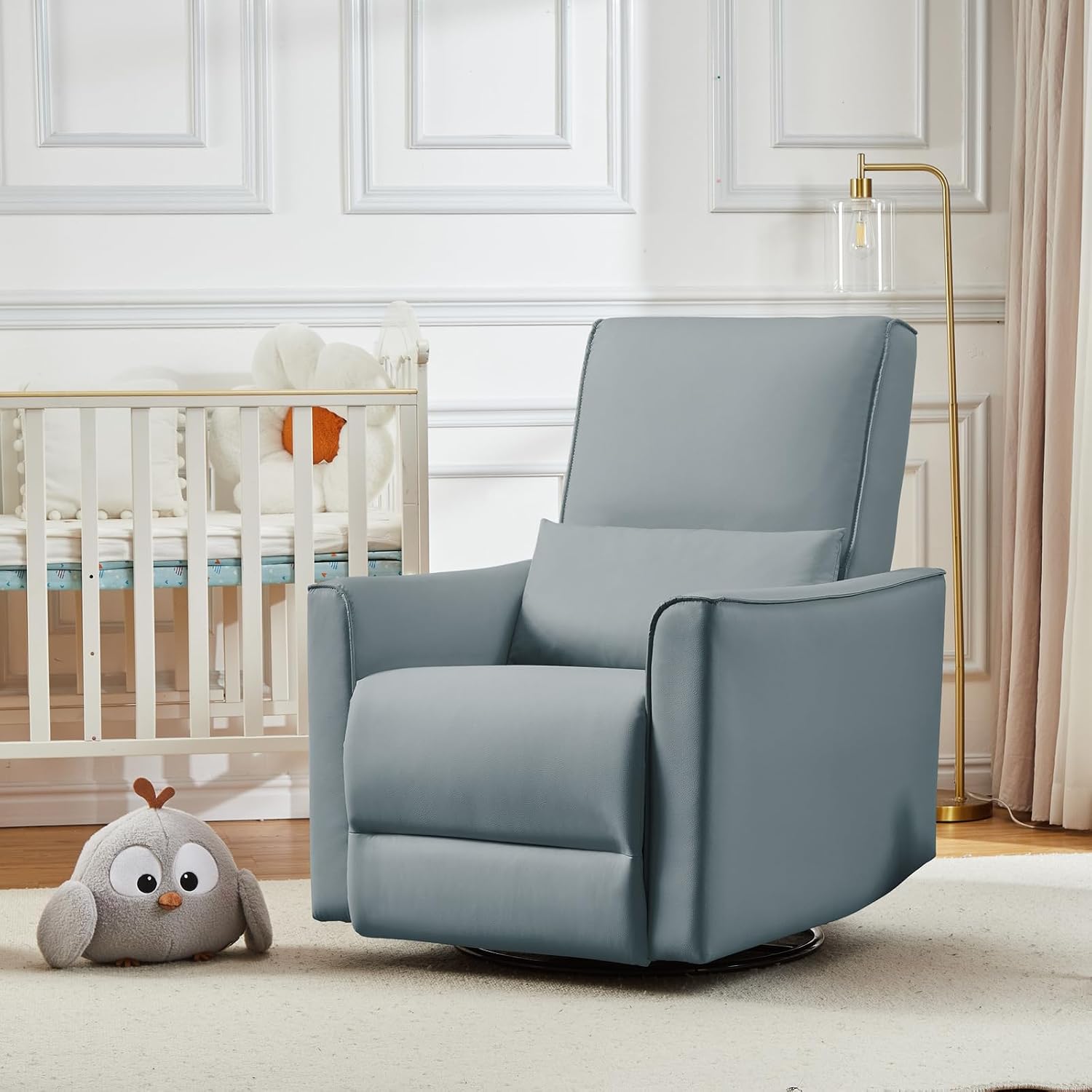 Swivel Rocking Recliner Chair, Upholstered Faux Leather Glider Recliner with Lumbar Support, High Backrest & Padded Armest, Manual Nursery Recliner for Living Room (Manual, Gray)