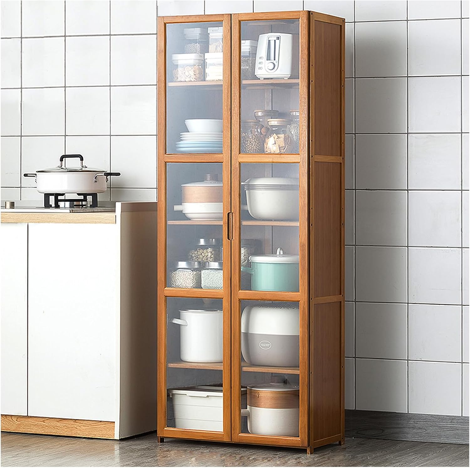 Modern Kitchen Pantry Storage Cabinet with Wine Rack and Microwave Stand Tall Buffet Cabinet with Adjustable Shelves 150×60cm
