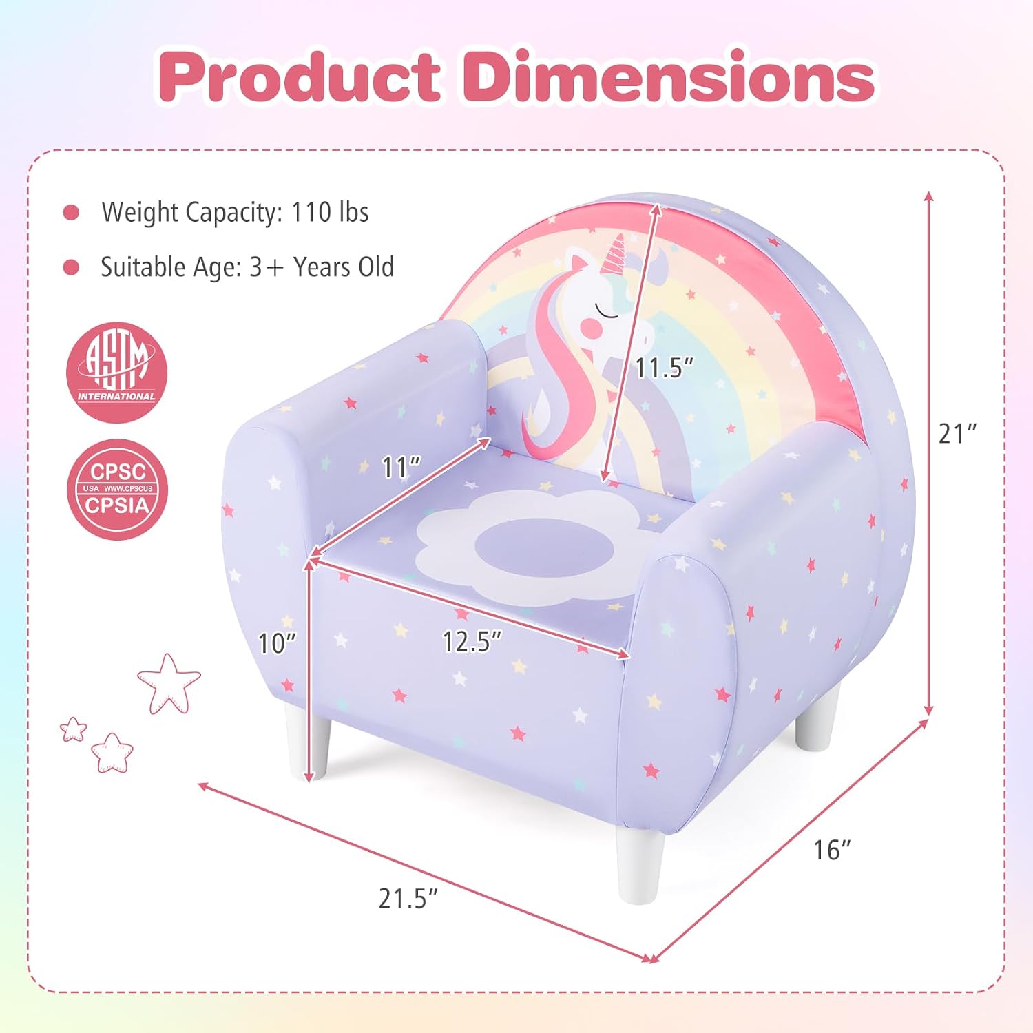 Costzon Kids Sofa, Children's Cartoon Sofa Armrest Chair, Toddler Furniture w/Sturdy Wood Construction, Colorful Lightweight Kids Couch Reading Sofa Chair for Preschool Boys and Girls Gift (Purple)