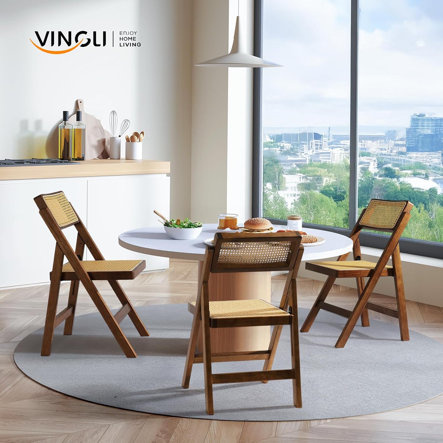 VINGLI 4 Pack Rattan Dining Chair, Wood Folding Chair with 360° Swivel Backrest, Rubberwood Frame and Rattan Woven Seat and Back, Walnut, Set of 4