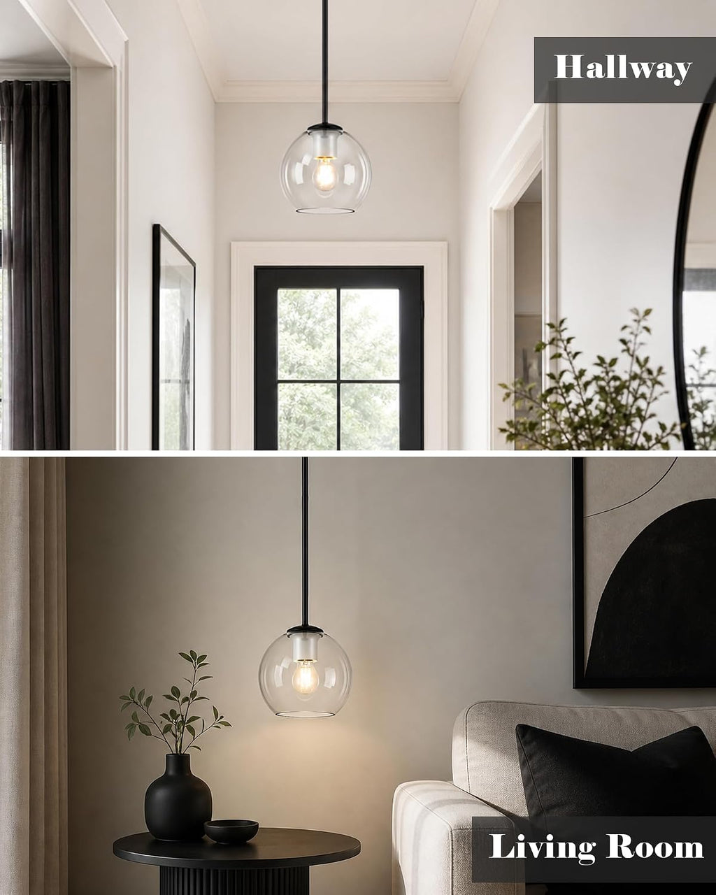 BTP Modern Glass Globe Pendant Light for Kitchen Island, Black Pendant Light Fixture with Adjustable Height Rods, Sloped Ceiling Compatible Clear Glass Hanging Light, E26 Base for Dining Room Foyer