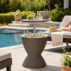 Byroce Outdoor Cooler Table, Patio Cooler Side Table with 8 Gallon Built-in Cooler, Adjustable Height Rattan Bar Table for Pool, Hot Tub, Backyard and Parties