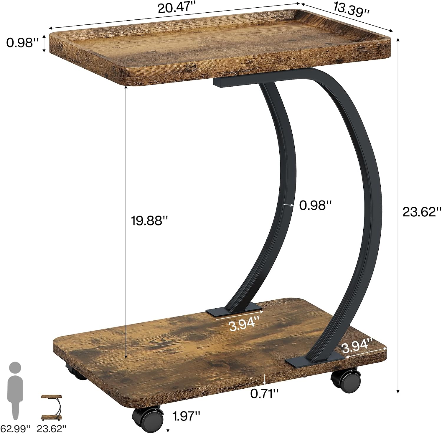 Tribesigns C-Shaped End Table, Industrial 2-Tier Small Side Table with Wheels, Wood Bedside Snack Couch Table with Metal Frame, for Living Room Small Spaces, Rustic Brown