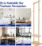 Wooden Coat Rack Freestanding,Hall Tree with Sturdy Base,Clothing Rack for Hanging Clothes,Small Clothes Rack with 3 Storage Shelves,Space Saving for Entryway, Hallway, Bedroom (Natural)