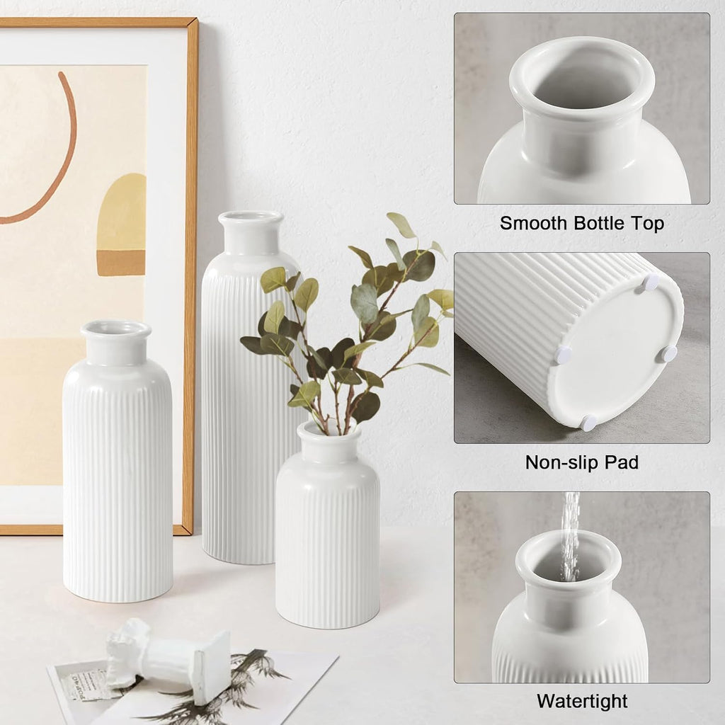 Small White Ceramic Vase Set of 3, Boho Modern White Flower Vase Room Decor, Farmhouse Decor, Vases for Your Kitchen, Bathroom, Bedroom, Living Room, Office&Shelf Centerpiece Table Decorations