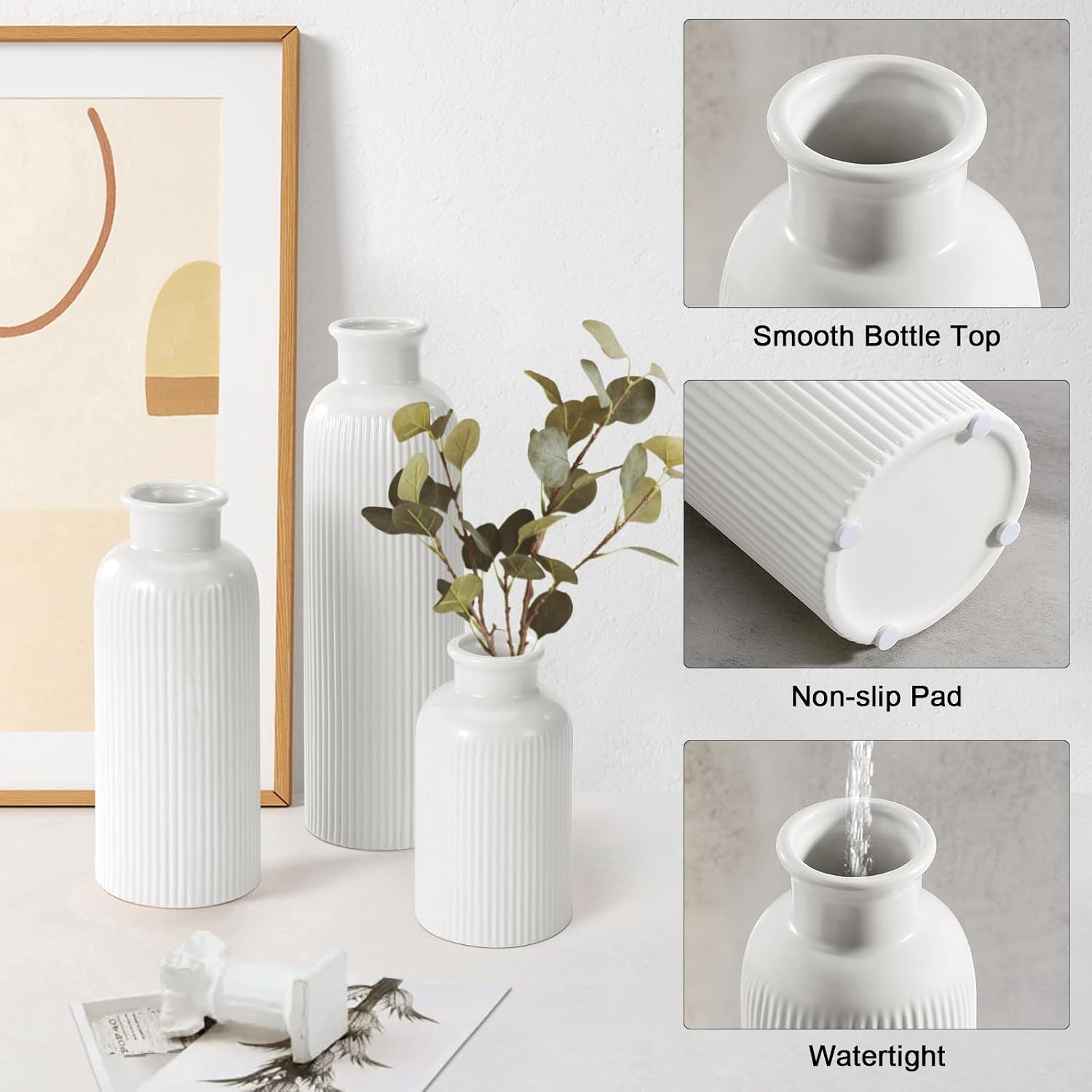 Small White Ceramic Vase Set of 3, Boho Modern White Flower Vase Room Decor, Farmhouse Decor, Vases for Your Kitchen, Bathroom, Bedroom, Living Room, Office&Shelf Centerpiece Table Decorations