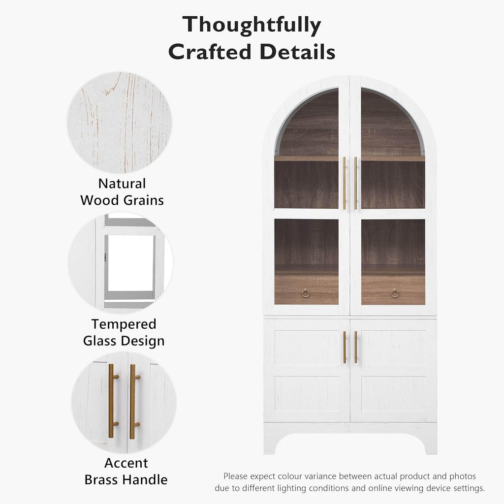 71" Tall Arched Kitchen Pantry Cabinet with Glass Doors, Farmhouse Storage Cupboard, Two-Tone Adjustable Shelves, Hidden Drawer, Soft-Closing Doors for Dining Room & Living Room, (White)