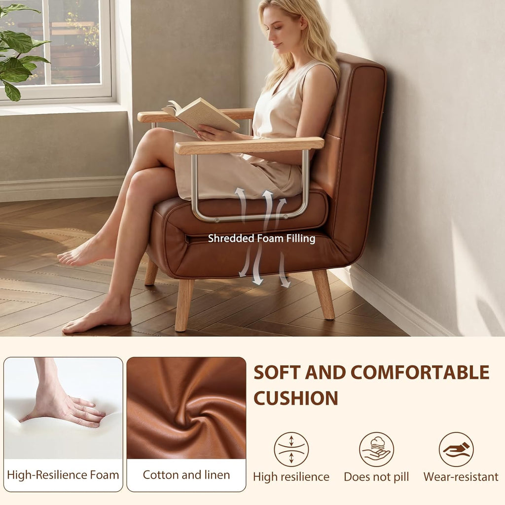 SUIYIMU Folding Chair Bed, 3-in-1 Convertible Sleeper Chair Bed (Natural Wood-Faux Leather)