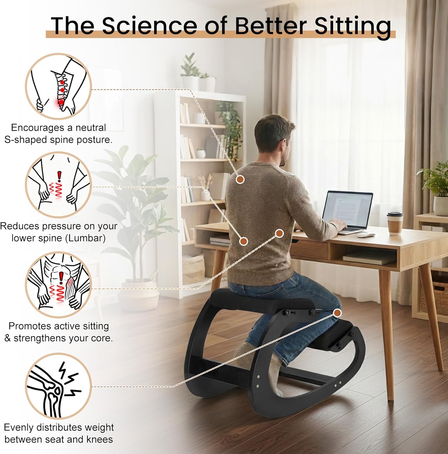 Ergonomic Kneeling Chair - Adjustable Seat, Smooth Rocking Base for Active Posture, Relieves Back & Spine Pressure for Office &Home Sturdy Kneeling Desk Chair Holds 300 lbs, Durable & Stable