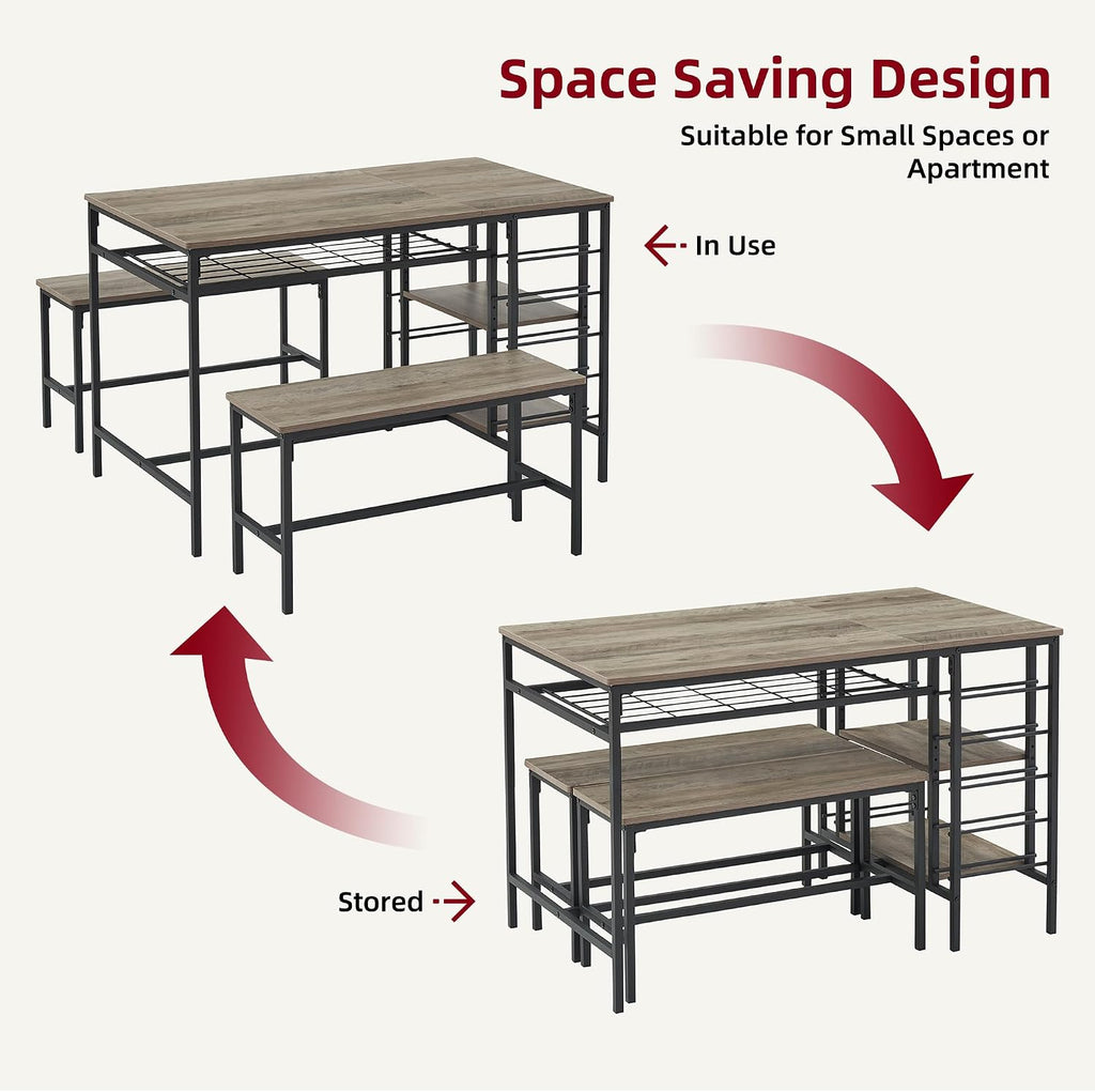 Garvee Dining Table Set for 4, Kitchen Table Set for 4 with 2 Benches, 3 Piece Dining Room Table Set for Small Space Apartment, Grey