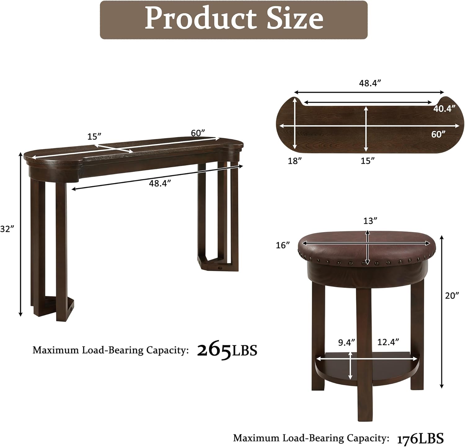 Merax 4 Piece Bar Table Set with 3 PU Upholstered Bar Stools, Solid Wood Counter Height Kitchen Table Set, Breakfast Table with 3 Padded Stools for Living Room, Dining Room, Espresso