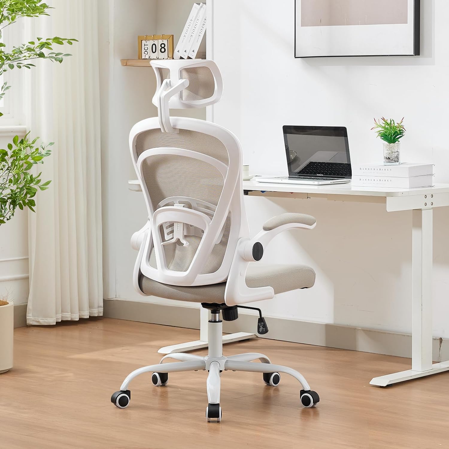 Ergonomic Office Chair for Long Hours & Back Pain Relief, Home Office Desk Chair Comfy with Flip-Up Armrests &Comfortable Lumbar Support Gaming Chairs for Bedroom,Study,Student,Wide Seat.White
