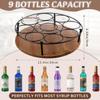 2 Pcs 9 Bottles Rotating Coffee Syrup Organizer, Large S Syrup Rack Carbon Steel Frame with Wooden Base Bottle Holder Stand for Coffee Bar Station, Turntable Wine Display Tray