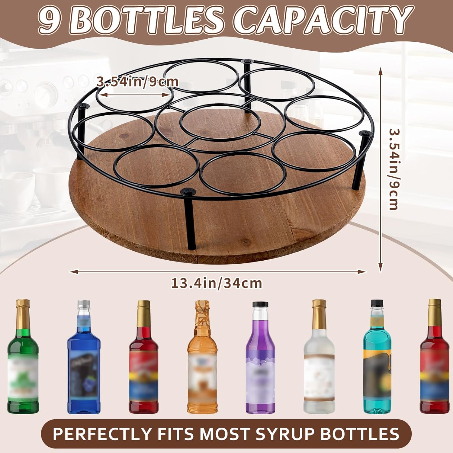 2 Pcs 9 Bottles Rotating Coffee Syrup Organizer, Large S Syrup Rack Carbon Steel Frame with Wooden Base Bottle Holder Stand for Coffee Bar Station, Turntable Wine Display Tray