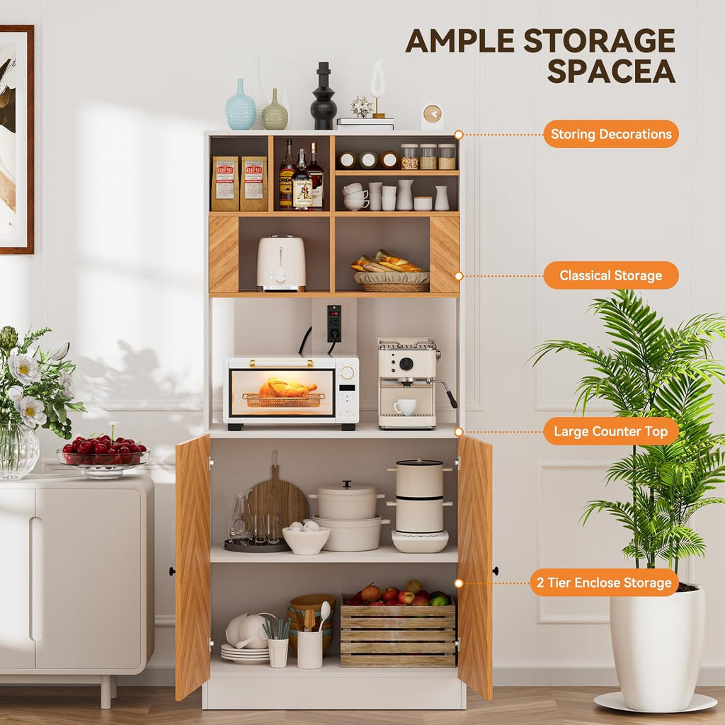 Artswish Large Pantry Cabinet with Power Outlets, Scandinavian Modern Style 4 Tier Kitchen Storage Cabinet with Microwave Stand, Kitchen Hutch with Storage for Living Room, Dining Room, Natural Color