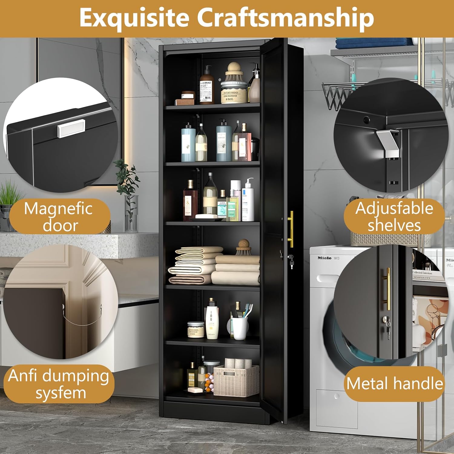 Tall Narrow Slim Metal Storage Cabinet with Lock and 5 Adjustable Shelves,Steel File Cabinets,Kitchen Pantry Cabinet Locker Organizer - 67" Storage Cabinets for Bathroom,Bedroom,Office,Black