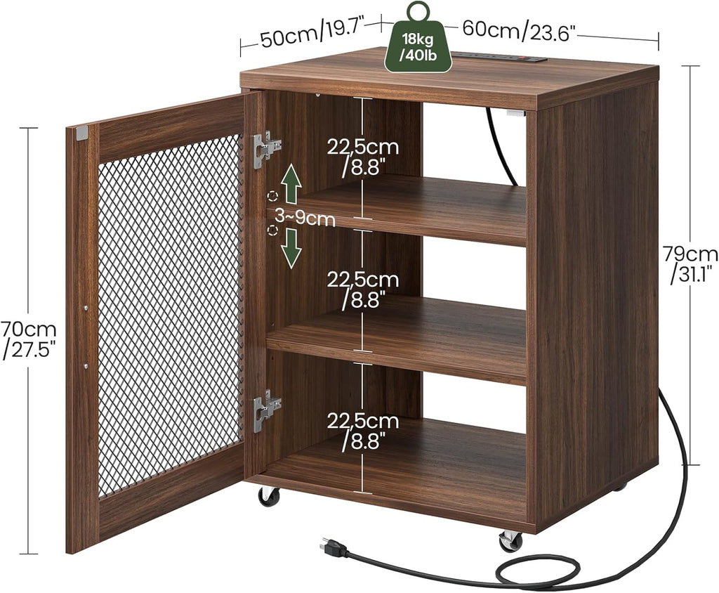 CHOEZON Media Cabinet with Charging Station, Stereo Cabinet with Wheels, Audio-Video Media Stand with Adjustable Shelves and Mesh Door, AV Rack for Living Room, Home Theater, Walnut MBZ23UHT