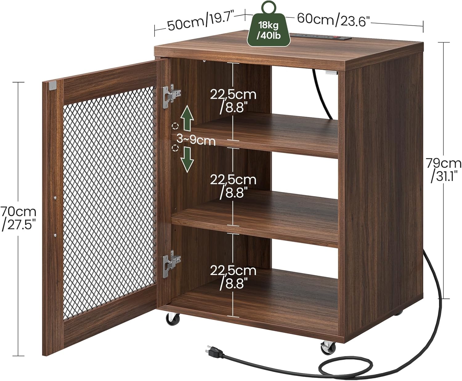 CHOEZON Media Cabinet with Charging Station, Stereo Cabinet with Wheels, Audio-Video Media Stand with Adjustable Shelves and Mesh Door, AV Rack for Living Room, Home Theater, Walnut MBZ23UHT