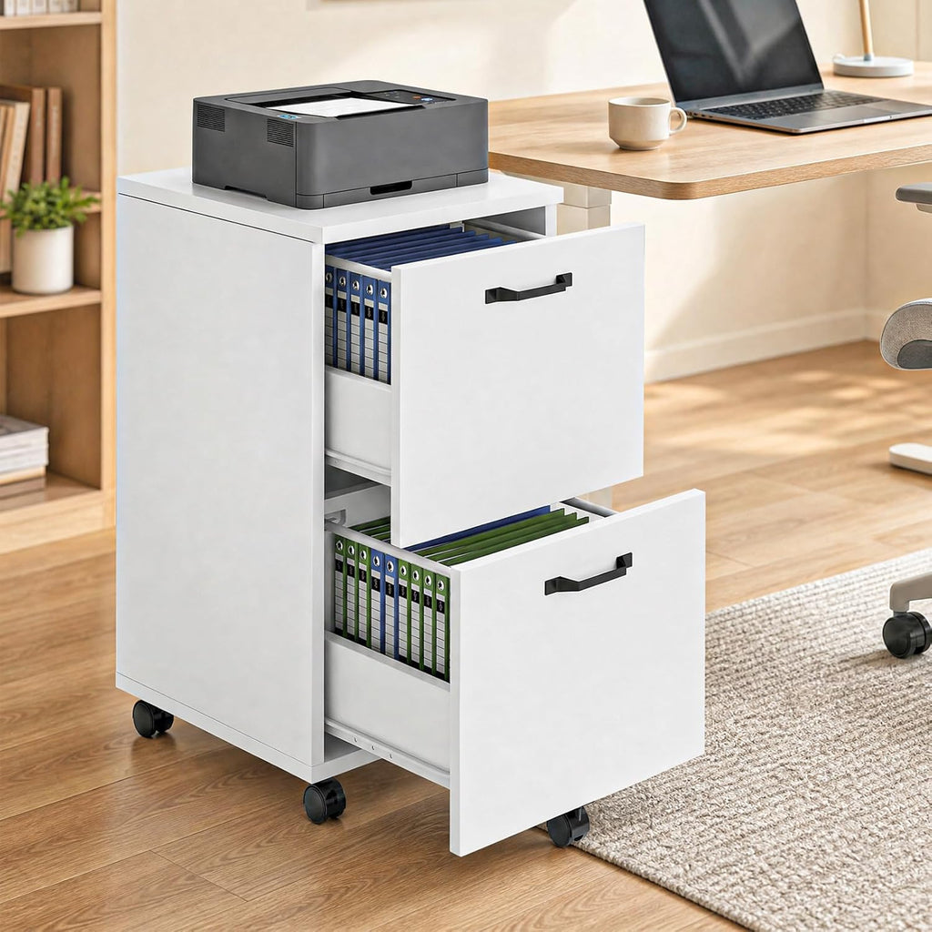 DUMOS 2 Drawer Filing Cabinet, Rolling Wood File Cabinet for Home Office, Under Desk Storage with Lockable Wheels, Printer Stand, Office Organizer, White