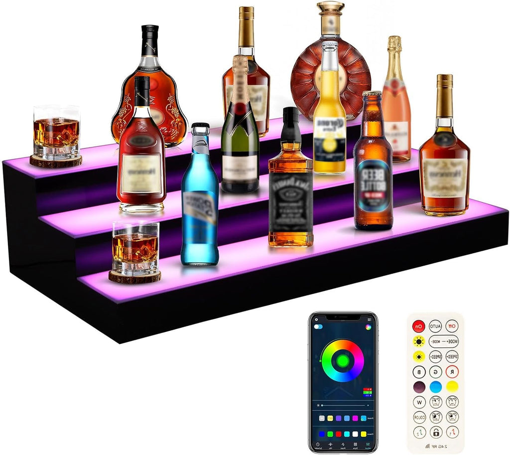 Dollate 3 Tier 16 Inch LED Lighted Liquor Bottle Display, LED Tabletop Wine Shelves Adjustable Lighting & Colors Liquor Storage Rack for Home Bar