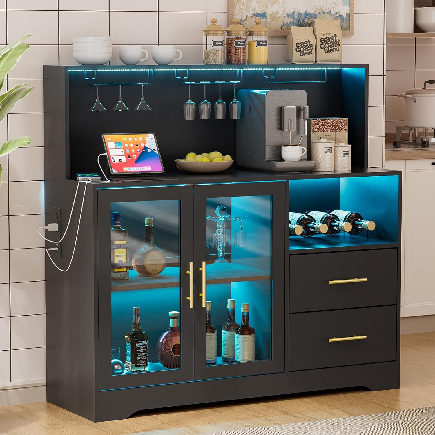 Grepatio Wine Bar Cabinet with RGB Light, Liquor Cabinet with Wine Rack and Glass Holder, Coffee Bar Cabinets with USB Power Outlet, Wine Cabinets with Drawers for Home, Kitchen, Living Room (Black)