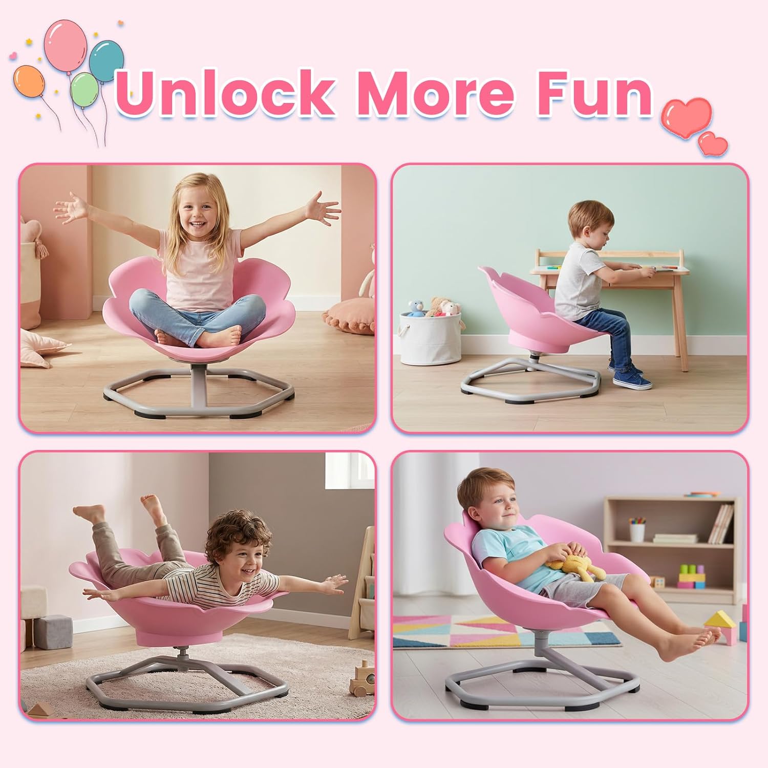 Olakids Sensory Spinning Chair, Flower Shape 360° Swivel Seat for Autistic Kids Autism ADHD Children with Non-Slip Design, Sit and Spin Toy for Body Balance Coordination Training (Pink)