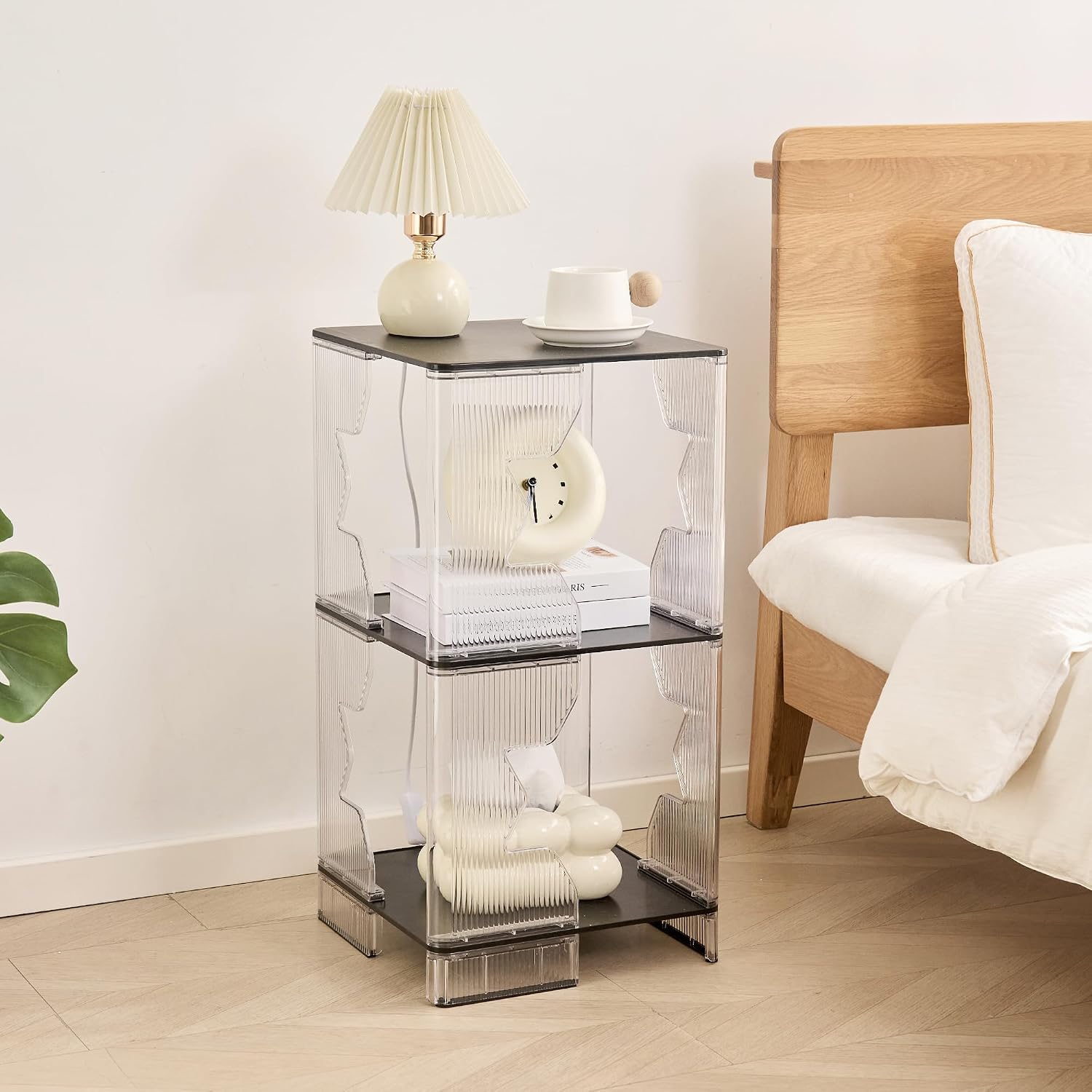 UMAIL End Table Set of 2, 3-Tier Nightstand with Clear Fluted Stripe Design, Narrow Side Table for Living Room, Bedroom, 13" D x 13" W x 26" H, Black