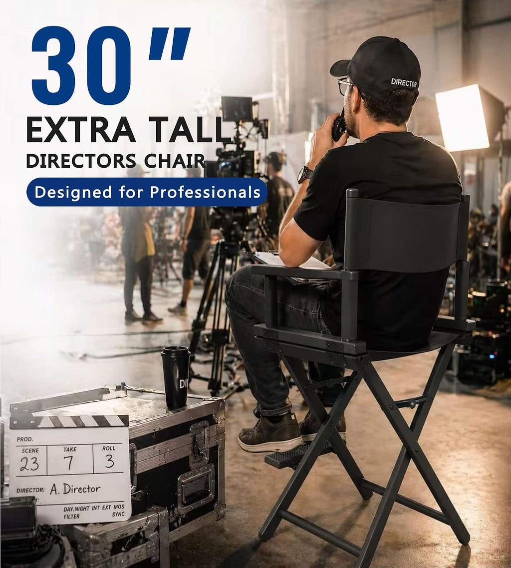 30" Extra Tall Folding Directors Chair, Lightweight Aluminum Makeup Artist Chair for Client, Portable Director Chair for Photography Studio, 7.9 LBS with 2 Covers, Side Bags, Footrest, 300 lbs