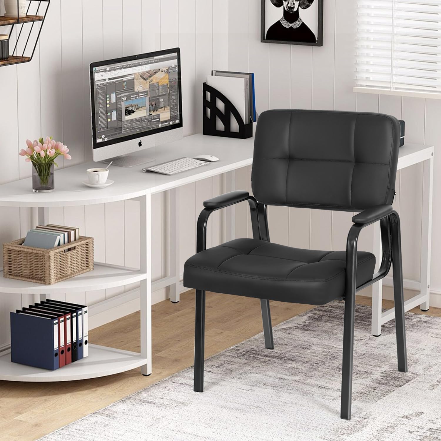 BestOffice Office Guest Chairs Set of 2 Reception Chairs Conference Chairs with Arms Lumbar Support Stack Cushion Seat Meeting Chair PU Leather Office Chair Without Wheels (Black)