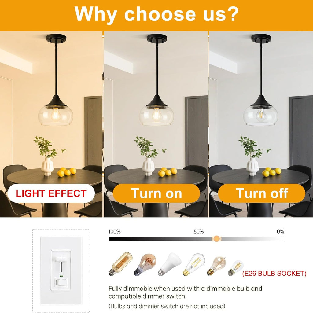 Modern Pendant Lights for Kitchen Island, Black Pendant Light Fixtures with 8.5" Clear Glass Shade, Industrial Hanging Pendant Lights Fixture for Kitchen Island Dining Room Bedroom Entryway 1 Pack