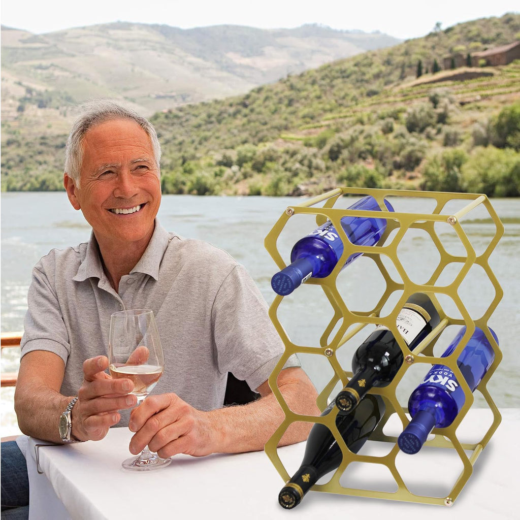 AT-VALY Countertop Wine Rack,Durable and Sturdy Freestanding 14 Bottle Wine Holder for Home Decor, Bar,Cabinet,Pantry (Gold)