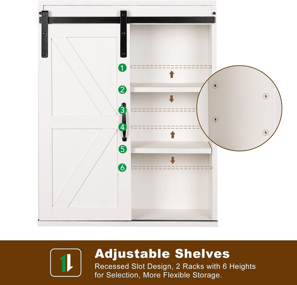 RUSTOWN Farmhouse Wood Wall Storage Bathroom Cabinet with Sliding Barn Door, Rustic Medicine Cabinet with Adjustable Shelf, 3-Tier Vintage Cabinet for Kitchen, Bathroom, Living Room (Vintage White)