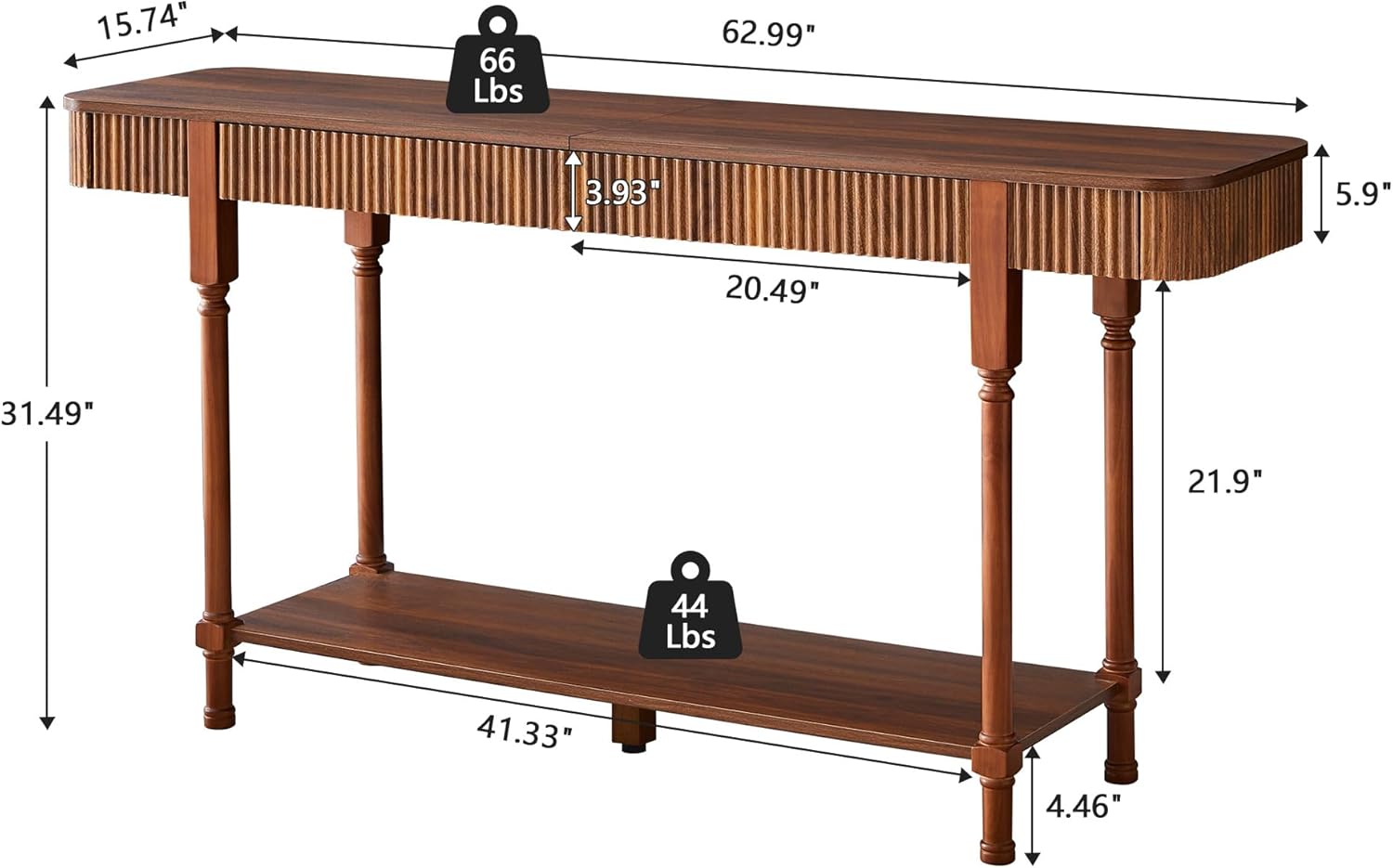 63'' Fluted Console Table with Drawers, Narrow Skinny Entryway Tables with Open Storage, Wooden Sofa Table Behind Couch, Foyer Accent Table for Living Room, Hallway, Entrance (Walnut)