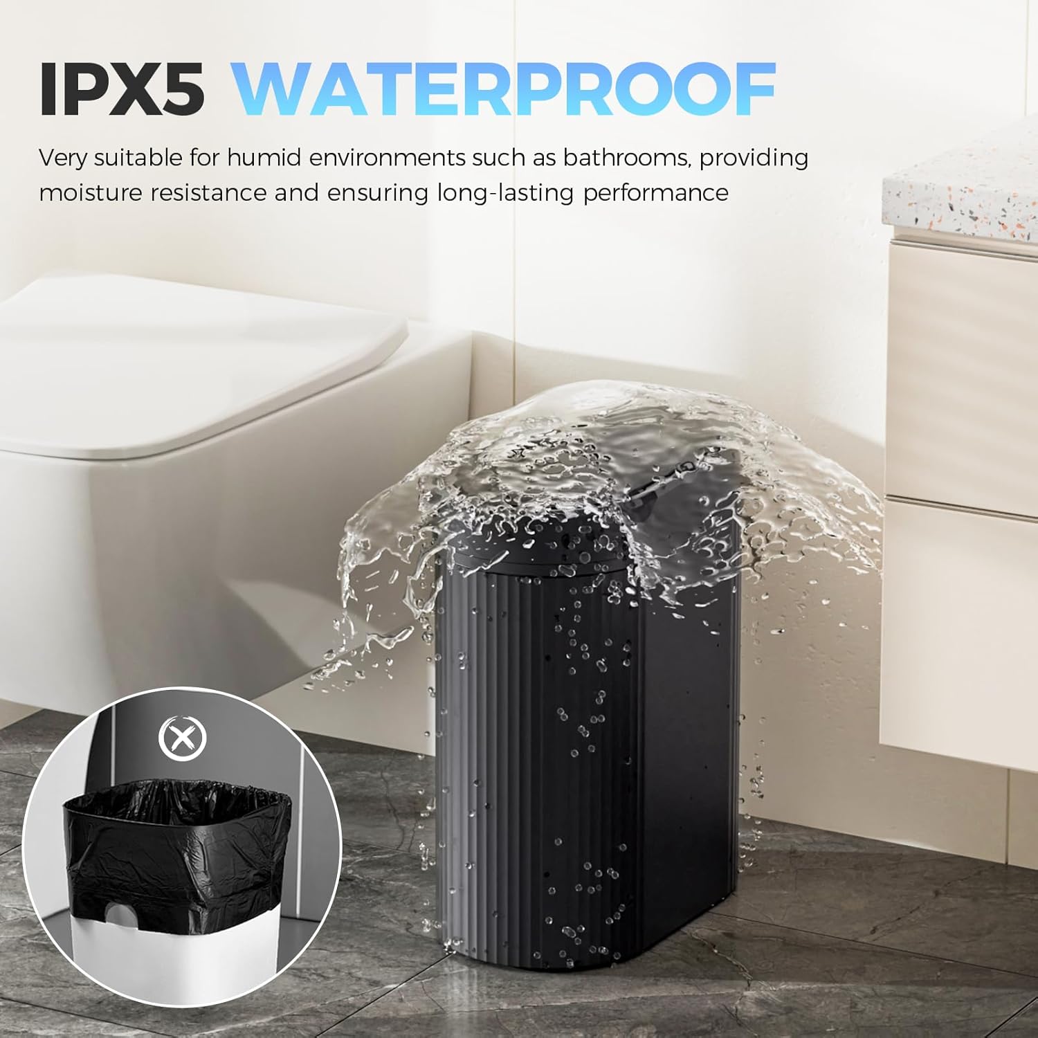 jinligogo 5 Gallon Bathroom Trash Can with Lid, Automatic Motion Sensor Black Trash Can, Touchless Slim Waterproof Garbage Bin for Kitchen, Bedroom, Office, and Bathroom