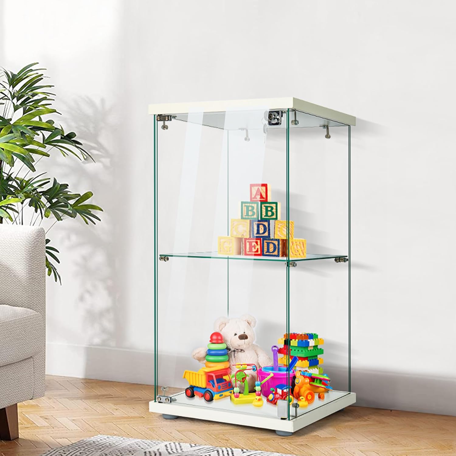 VIVOHOME 2 Layers 15.7''W x 15.7''D x 31.9''H Glass Display Cabinet Showcase Countertop with Lock, Tempered Glass 25mm MDF Base